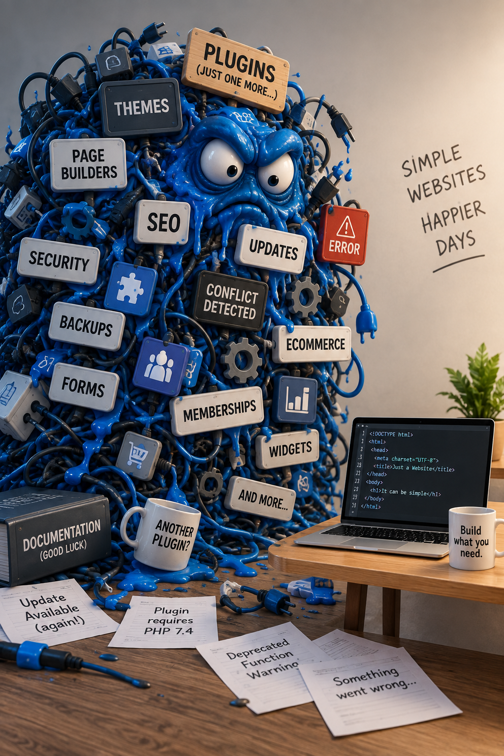 An over-complicated blue blob made from tangled cables, plugins and warning signs, sitting next to a small clean HTML/PHP application