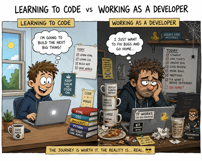 Learning to code vs working as a developer