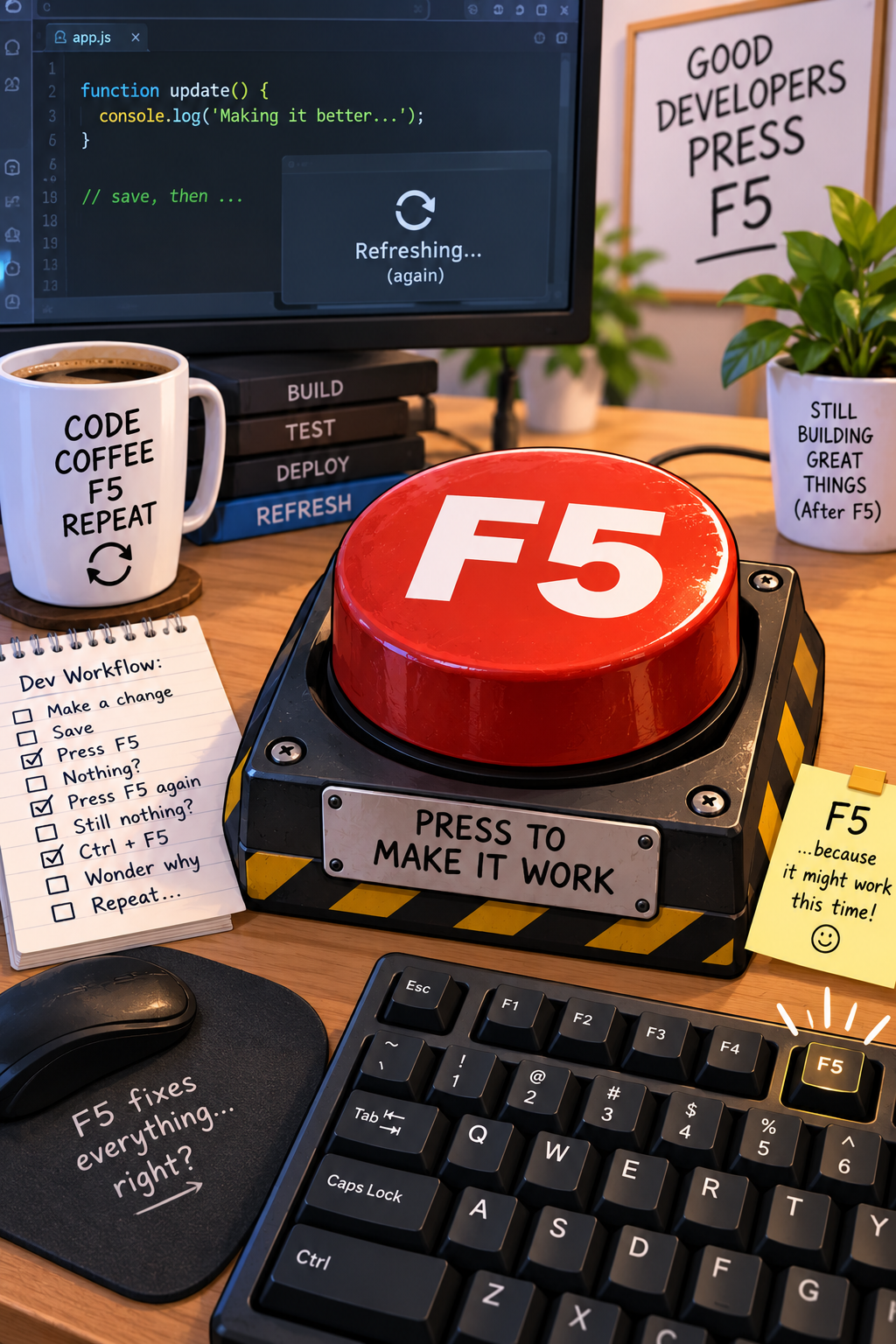 A well-worn keyboard with the F5 key glowing from overuse