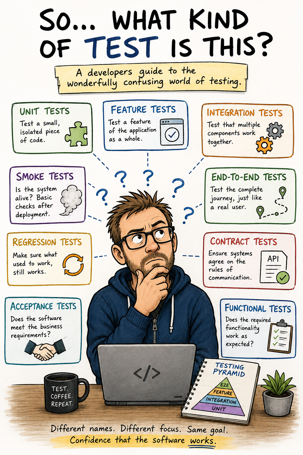 An illustrated guide to unit, feature, integration, smoke, end-to-end, regression, contract, acceptance and functional tests